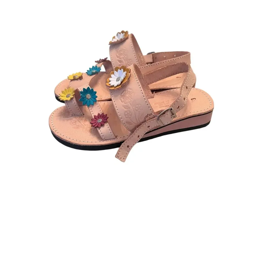 Girl's 3 Authentic Mexican Floral Tooled Sandals Handmade Huaraches Sandalias